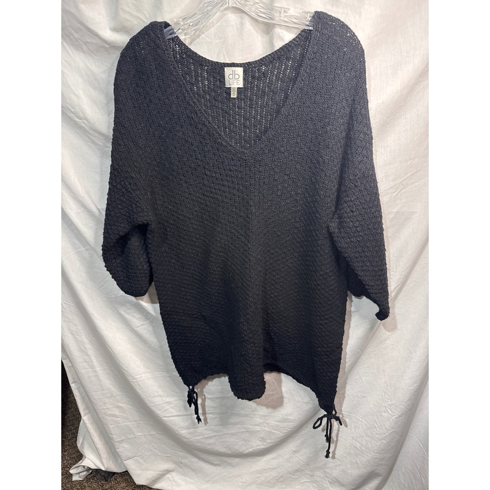 DB LIFE Black Textured Knit V Neck Dolman Sleeve Sweater W/Drawstring Hem Medium
